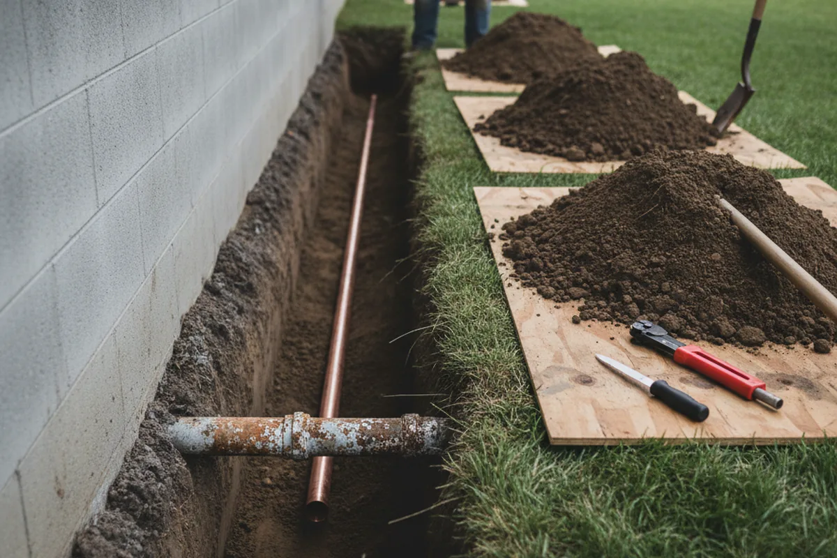 Excavated water line trench during Water Softener Installation in Champion